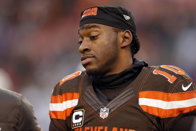 CLEVELAND, OH - DECEMBER 24:  Robert Griffin III #10 of the Cleveland Browns is helped off the field by medical staff after being sacked in the fourth quarter against the San Diego Chargers at FirstEnergy Stadium on December 24, 2016 in Cleveland, Ohio. (Photo by Wesley Hitt/Getty Images)
