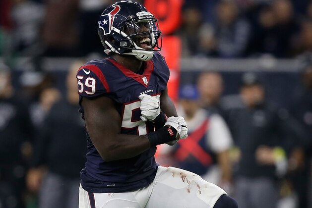HOUSTON, TX - JANUARY 07:  Whitney Mercilus #59 of the Houston Texans celebrates a sack against the Oakland Raiders in their AFC Wild Card game at NRG Stadium on January 7, 2017 in Houston, Texas.  (Photo by Bob Levey/Getty Images)