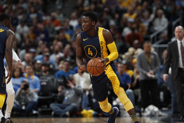 Indiana Pacers guard Victor Oladipo (4) in the second half of an NBA basketball game Tuesday, April 3, 2018, in Denver. The Nuggets won 107-104. (AP Photo/David Zalubowski)