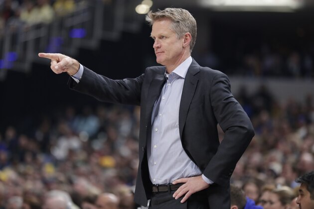 Golden State Warriors coach Steve Kerr calls a play for his team as the Warriors played the Indiana Pacers during the first half of an NBA basketball game in Indianapolis, Thursday, April 5, 2018. (AP Photo/Michael Conroy)