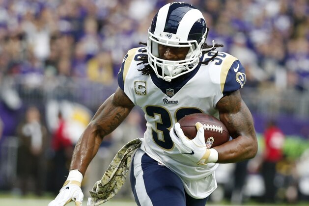 Los Angeles Rams running back Todd Gurley runs up field during the first half of an NFL football game against the Minnesota Vikings, Sunday, Nov. 19, 2017, in Minneapolis. (AP Photo/Bruce Kluckhohn)