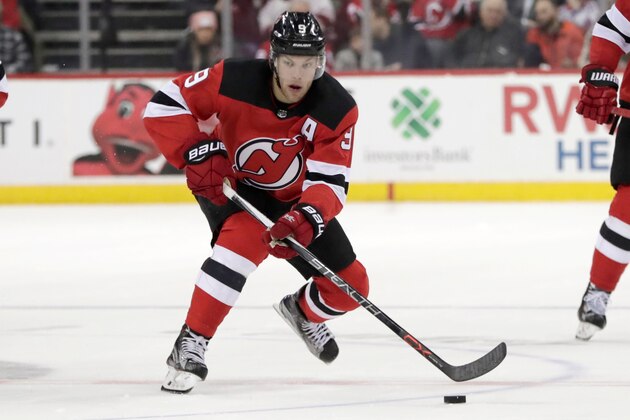 New Jersey Devils left wing Taylor Hall skates against the New York Rangers during the second period of an NHL hockey game, Tuesday, April 3, 2018, in Newark, N.J. (AP Photo/Julio Cortez)