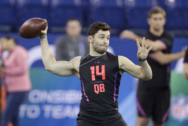 Oklahoma quarterback Baker Mayfield throws during a drill at the NFL football scouting combine, Saturday, March 3, 2018, in Indianapolis. (AP Photo/Darron Cummings)