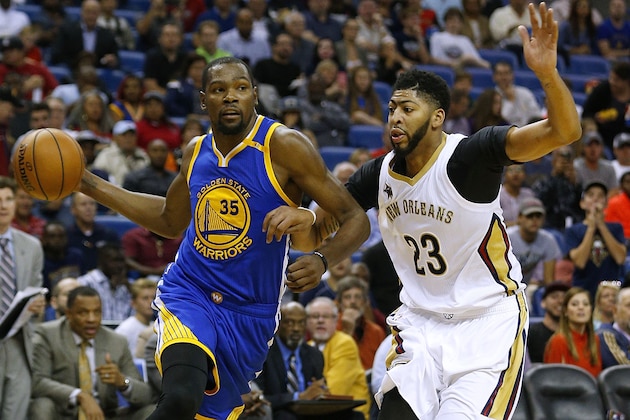 NEW ORLEANS, LA - OCTOBER 28: Kevin Durant #35 of the Golden State Warriors drives against Anthony Davis #23 of the New Orleans Pelicans during the second half of a game at Smoothie King Center on October 28, 2016 in New Orleans, Louisiana. NOTE TO USER: User expressly acknowledges and agrees that, by downloading and or using this photograph, User is consenting to the terms and conditions of the Getty Images License Agreement.  (Photo by Jonathan Bachman/Getty Images)