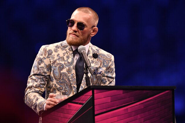 LAS VEGAS, NV - AUGUST 25:  Conor McGregor speaks to the media during a news conference after Mayweather's 10th-round TKO victory in their super welterweight boxing match on August 26, 2017 at T-Mobile Arena in Las Vegas, Nevada. (Photo by Jeff Bottari/Zuffa LLC/Zuffa LLC via Getty Images)