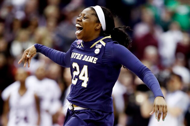 COLUMBUS, OH - APRIL 01:  Arike Ogunbowale #24 of the Notre Dame Fighting Irish celebrates after scoring the game winning basket with 0.1 seconds remaining in the fourth quarter to defeat the Mississippi State Lady Bulldogs in the championship game of the 2018 NCAA Women's Final Four at Nationwide Arena on April 1, 2018 in Columbus, Ohio. The Notre Dame Fighting Irish defeated the Mississippi State Lady Bulldogs 61-58.  (Photo by Andy Lyons/Getty Images)