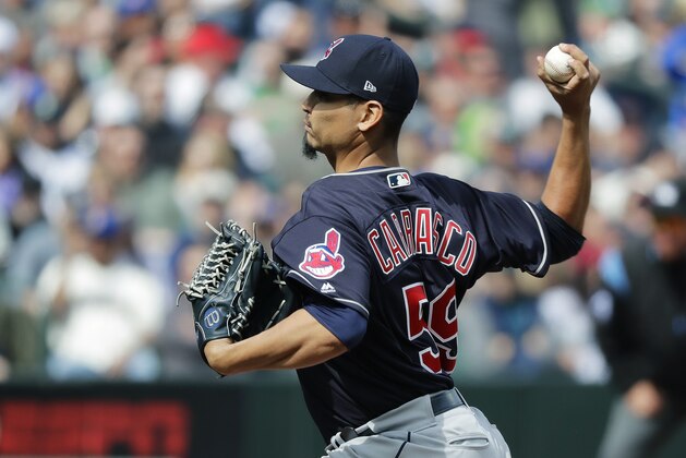 Cleveland Indians starting pitcher Carlos Carrasco throws against the Seattle Mariners during the second inning of a baseball game, Saturday, March 31, 2018, in Seattle. (AP Photo/Ted S. Warren)