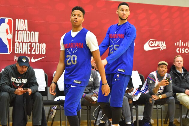 LONDON, ENGLAND - JANUARY 9: Ben Simmons #25 and Markelle Fultz #20 of the Philadelphia 76ers looks on during practice as part of the 2018 NBA London Global Game at Citysport on January 9, 2018 in London, England. NOTE TO USER: User expressly acknowledges and agrees that, by downloading and/or using this Photograph, user is consenting to the terms and conditions of the Getty Images License Agreement. Mandatory Copyright Notice: Copyright 2018 NBAE (Photo by Jesse D. Garrabrant/NBAE via Getty Images)