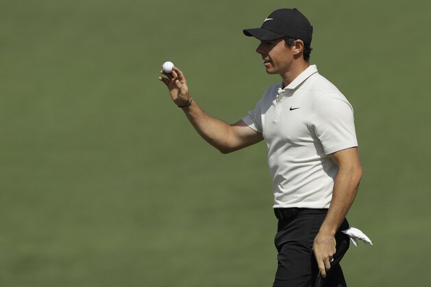 Rory McIlroy, of Northern Ireland, reacts after putting on the second hole during the second round at the Masters golf tournament Friday, April 6, 2018, in Augusta, Ga. (AP Photo/Matt Slocum)
