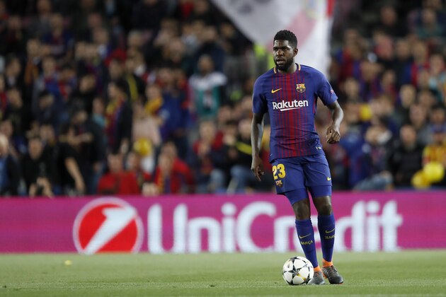 Samuel Umtiti of FC Barcelona during the UEFA Champions League quarter final match between FC Barcelona and AS Roma at the Camp Nou stadium on April 04, 2018 in Barcelona, Spain.(Photo by VI Images via Getty Images)