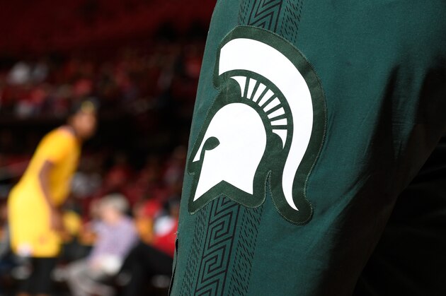 COLLEGE PARK, MD - JANUARY 11:  The Michigan State Spartans logo on a uniform during the game against the Maryland Terrapins at Xfinity Center on January 11, 2018 in College Park, Maryland.  (Photo by G Fiume/Maryland Terrapins/Getty Images)