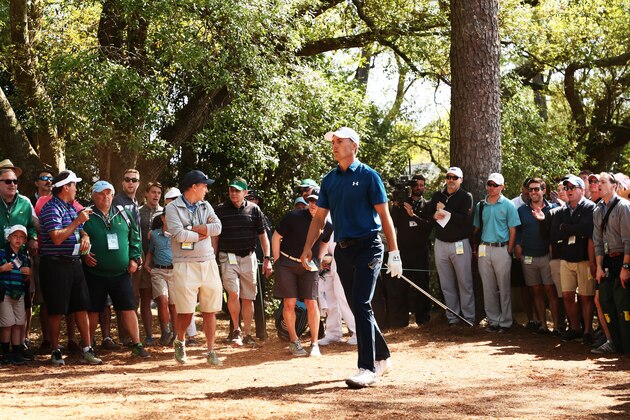 AUGUSTA, GA - APRIL 06:  Jordan Spieth of the United States watches his second shot from the pine straw on the first hole during the second round of the 2018 Masters Tournament at Augusta National Golf Club on April 6, 2018 in Augusta, Georgia.  (Photo by Jamie Squire/Getty Images)