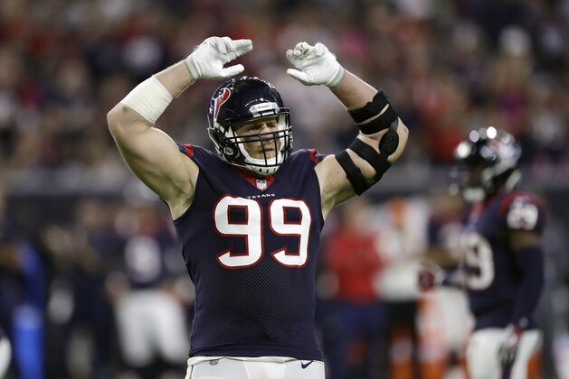 Houston Texans defensive end J.J. Watt (99) reacts after a play during an NFL football game against the Kansas City Chiefs, Sunday, Oct. 8, 2017, in Houston. (AP Photo/David J. Phillip)