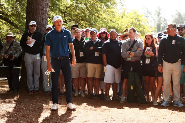 AUGUSTA, GA - APRIL 06:  Jordan Spieth of the United States looks on before hitting his second shot from the pine straw on the first hole during the second round of the 2018 Masters Tournament at Augusta National Golf Club on April 6, 2018 in Augusta, Georgia.  (Photo by Jamie Squire/Getty Images)