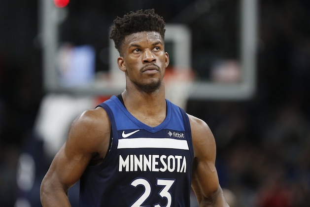 Minnesota Timberwolves forward Jimmy Butler (23) against the Sacramento Kings in the third quarter of an NBA basketball game Sunday, Feb. 11, 2018 in Minneapolis. (AP Photo/Andy Clayton-King)