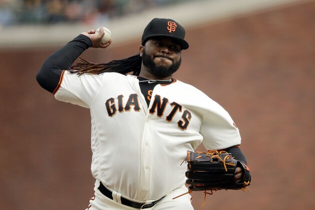 San Francisco Giants starting pitcher Johnny Cueto throws to a Seattle Mariners batter during the first inning of a baseball game Wednesday, April 4, 2018, in San Francisco. (AP Photo/Marcio Jose Sanchez)