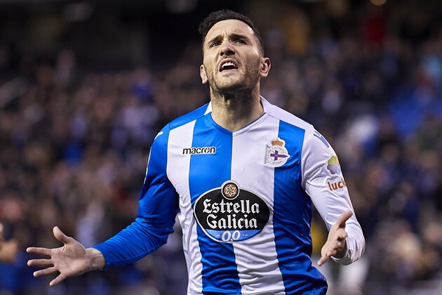 LA CORUNA, SPAIN - APRIL 06:  Lucas Perez of Deportivo de La Coruna celebrates after scoring his team's first goal during the La Liga match between Deportivo La Coruna and Malaga at Abanca Riazor Stadium on April 6, 2018 in La Coruna, Spain.  (Photo by Quality Sport Images/Getty Images)