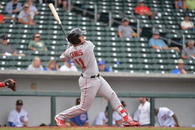 MESA, AZ - NOVEMBER 07:  Michael Chavis #11 of Peoria Javelinas (BOS) in action against the Mesa Solar Sox in the Arizona Fall League game at Sloan Park on November 11, 2017 in Mesa, Arizona.  (Photo by Jennifer Stewart/Getty Images)
