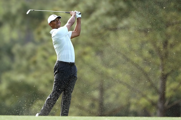AUGUSTA, GA - APRIL 06:  Tiger Woods of the United States plays his second shot on the 14th hole during the second round of the 2018 Masters Tournament at Augusta National Golf Club on April 6, 2018 in Augusta, Georgia.  (Photo by David Cannon/Getty Images)