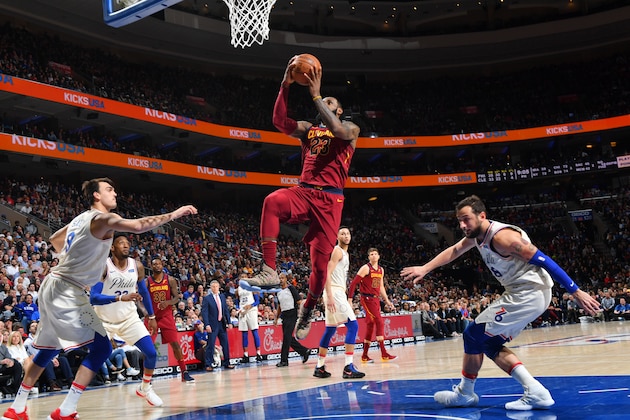 PHILADELPHIA, PA - APRIL 6:  LeBron James #23 of the Cleveland Cavaliers shoots the ball during the game against the Philadelphia 76ers on April 6, 2018 in Philadelphia, Pennsylvania NOTE TO USER: User expressly acknowledges and agrees that, by downloading and/or using this Photograph, user is consenting to the terms and conditions of the Getty Images License Agreement. Mandatory Copyright Notice: Copyright 2018 NBAE (Photo by Jesse D. Garrabrant/NBAE via Getty Images)