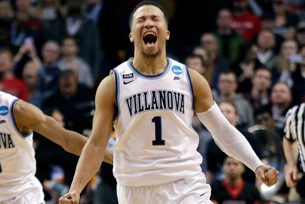 FILE - In this March 25, 2018, file photo, Villanova's Jalen Brunson celebrates their win over Texas Tech in an NCAA men's college basketball tournament regional final, in Boston. Brunson was named The Associated Press NCAA college basketball Player of the Year, Thursday, March 29, 2018. (AP Photo/Elise Amendola, File)