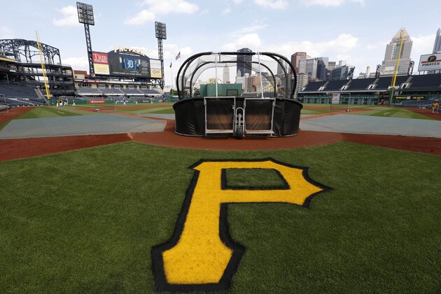 The Pittsburgh Pirates logo is seen behind the batting cage before the Detroit Tigers take the field for batting practice before the baseball game on Wednesday, May 29, 2013, in Pittsburgh. (AP Photo/Keith Srakocic)