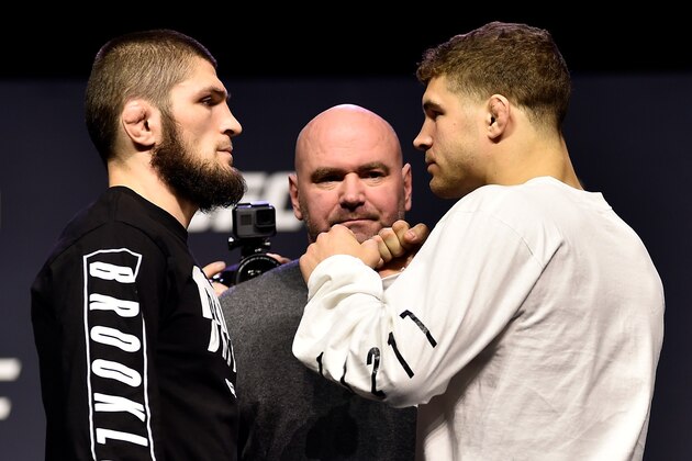 BROOKLYN, NEW YORK - APRIL 06:   (L-R) Opponents Khabib Nurmagomedov of Russia and Al Iaquinta face off during the UFC press conference inside Barclays Center on April 6, 2018 in Brooklyn, New York. (Photo by Jeff Bottari/Zuffa LLC/Zuffa LLC via Getty Images)