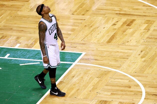 BOSTON, MA - APRIL 26: Isaiah Thomas #4 of the Boston Celtics looks on during the fourth quarter of Game Five of the Eastern Conference Quarterfinals against the Chicago Bulls at TD Garden on April 26, 2017 in Boston, Massachusetts. The Celtics defeat the Bulls 108-97. NOTE TO USER: User expressly acknowledges and agrees that, by downloading and or using this Photograph, user is consenting to the terms and conditions of the Getty Images License Agreement. (Photo by Maddie Meyer/Getty Images)