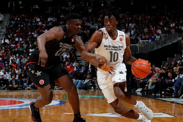 ATLANTA, GA - MARCH 28:  Nassir Little #10 of Orlando Christian Prep drives against Zion Williamson #12 of Spartanburg Day School during the 2018 McDonald's All American Game at Philips Arena on March 28, 2018 in Atlanta, Georgia.  (Photo by Kevin C. Cox/Getty Images)