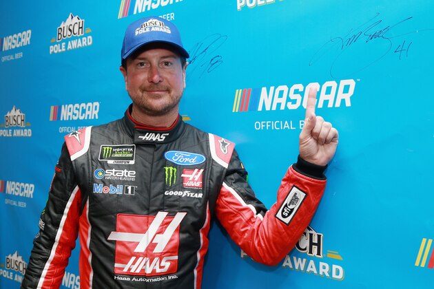 FORT WORTH, TX - APRIL 06:  Kurt Busch, driver of the #41 Haas Automation/Monster Energy Ford, poses with the Busch Pole Award board after qualifying on the pole for the Monster Energy NASCAR Cup Series O'Reilly Auto Parts 500 at Texas Motor Speedway on April 6, 2018 in Fort Worth, Texas.  (Photo by Sean Gardner/Getty Images)