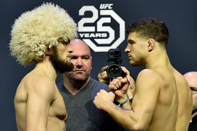 BROOKLYN, NEW YORK - APRIL 06:  (L-R) Khabib Nurmagomedov of Russia and Al Iaquinta face off during the UFC 223 weigh-in inside Barclays Center on April 6, 2018 in Brooklyn, New York. (Photo by Jeff Bottari/Zuffa LLC/Zuffa LLC via Getty Images)
