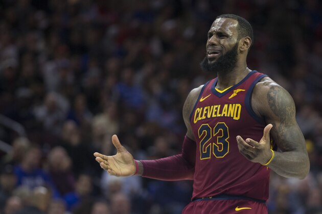 PHILADELPHIA, PA - APRIL 6: LeBron James #23 of the Cleveland Cavaliers reacts in the third quarter against the Philadelphia 76ers at the Wells Fargo Center on April 6, 2018 in Philadelphia, Pennsylvania. The 76ers defeated the Cavaliers 132-130. NOTE TO USER: User expressly acknowledges and agrees that, by downloading and or using this photograph, User is consenting to the terms and conditions of the Getty Images License Agreement. (Photo by Mitchell Leff/Getty Images)