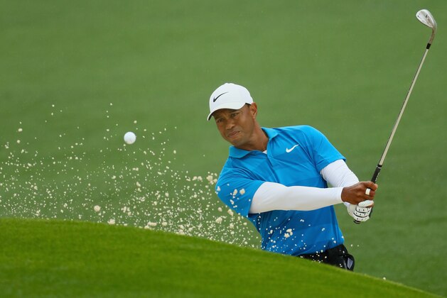 AUGUSTA, GA - APRIL 07:  Tiger Woods of the United States plays a shot from a bunker on the second hole during the third round of the 2018 Masters Tournament at Augusta National Golf Club on April 7, 2018 in Augusta, Georgia.  (Photo by Jamie Squire/Getty Images)