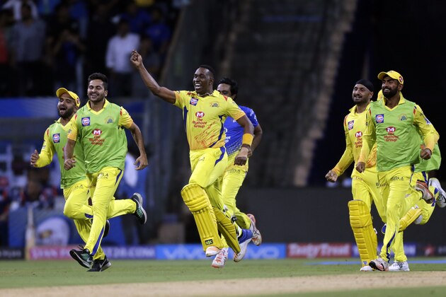 Chennai Super Kings player Dwayne Bravo celebrates after won the match against Mumbai Indians during VIVO IPL cricket T20 match in Mumbai, India, Saturday, April 7, 2018. (AP Photo/Rajanish Kakade)