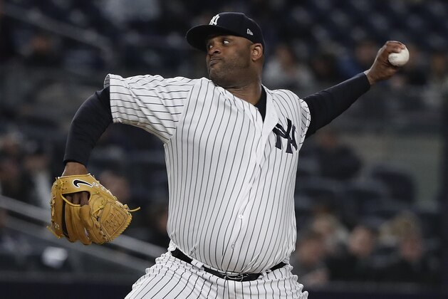 New York Yankees pitcher CC Sabathia delivers against the Baltimore Orioles during the second inning of a baseball game Friday, April 6, 2018, in New York. (AP Photo/Julie Jacobson)