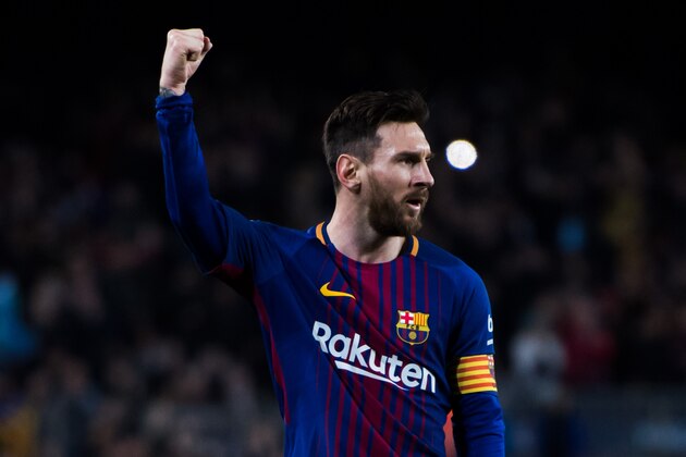 BARCELONA, SPAIN - APRIL 07:  Lionel Messi of FC Barcelona celebrates after scoring the opening goal during the La Liga match between Barcelona and Leganes at Camp Nou on April 7, 2018 in Barcelona, Spain.  (Photo by Alex Caparros/Getty Images)