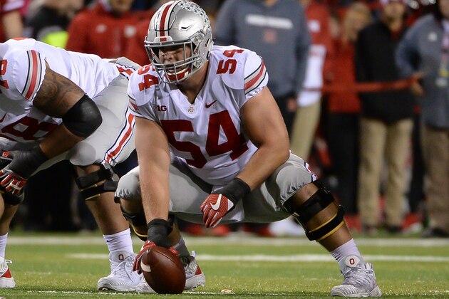 LINCOLN, NE - OCTOBER 14: Offensive lineman Billy Price #54 of the Ohio State Buckeyes looks over the line against the Nebraska Cornhuskers at Memorial Stadium on October 14, 2017 in Lincoln, Nebraska. (Photo by Steven Branscombe/Getty Images)