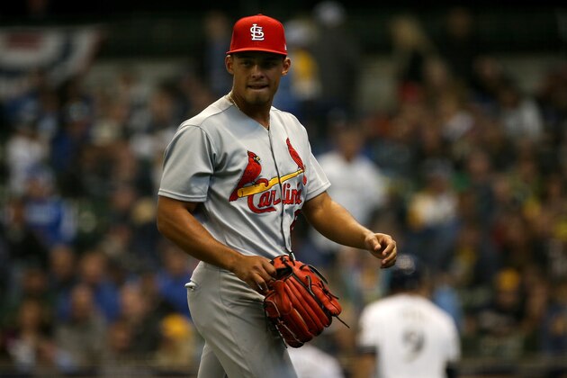 MILWAUKEE, WI - APRIL 02:  Jordan Hicks #49 of the St. Louis Cardinals walks off the field after the eighth inning against the Milwaukee Brewers at Miller Park on April 2, 2018 in Milwaukee, Wisconsin. (Dylan Buell/Getty Images) *** Local Caption *** Jordan Hicks