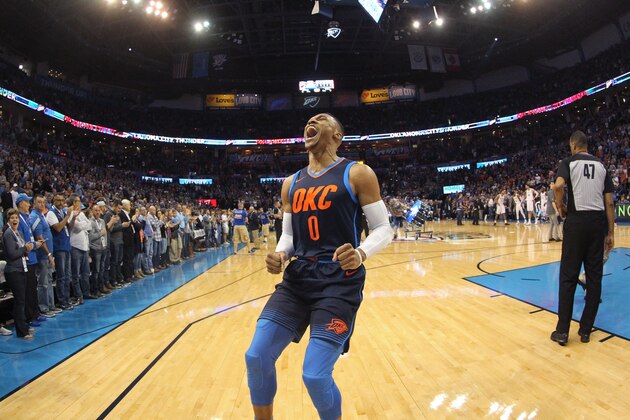 OKLAHOMA CITY, OK- DECEMBER 3:  Russell Westbrook #0 of the Oklahoma City Thunder yells and celebrates after the game against the San Antonio Spurs on December 3, 2017 at Chesapeake Energy Arena in Oklahoma City, Oklahoma. NOTE TO USER: User expressly acknowledges and agrees that, by downloading and or using this photograph, User is consenting to the terms and conditions of the Getty Images License Agreement. Mandatory Copyright Notice: Copyright 2017 NBAE (Photo by Layne Murdoch/NBAE via Getty Images)