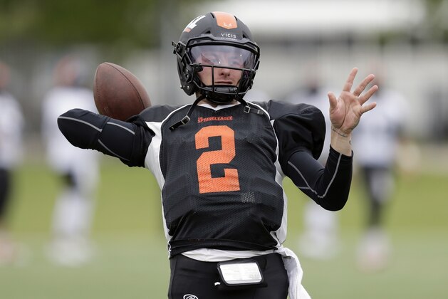Former Heisman Trophy-winning quarterback Johnny Manziel (2) prepares for a developmental Spring League game, Saturday, April 7, 2018, in Austin, Texas. Manziel is hoping to impress NFL scouts in his bid to return to the league. (AP Photo/Eric Gay)