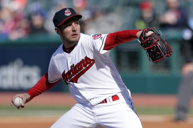 Cleveland Indians starting pitcher Trevor Bauer delivers in the first inning of a baseball game against the Kansas City Royals, Saturday, April 7, 2018, in Cleveland. (AP Photo/Tony Dejak)
