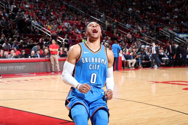HOUSTON, TX - APRIL 7:  Russell Westbrook #0 of the Oklahoma City Thunder addresses the crowd before the game against the Houston Rockets on April 7, 2018 at the Toyota Center in Houston, Texas. NOTE TO USER: User expressly acknowledges and agrees that, by downloading and or using this photograph, User is consenting to the terms and conditions of the Getty Images License Agreement. Mandatory Copyright Notice: Copyright 2018 NBAE (Photo by Nathaniel S. Butler/NBAE via Getty Images)
