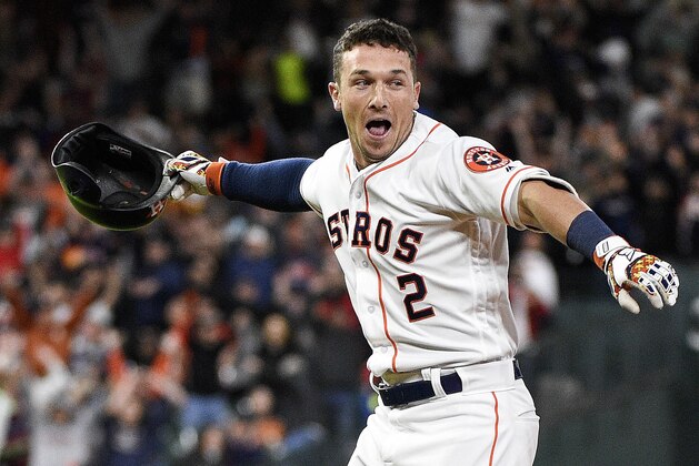 Houston Astros' Alex Bregman celebrates his walkoff single during the tenth inning of a baseball game against the San Diego Padres, Saturday, April 7, 2018, in Houston. (AP Photo/Eric Christian Smith)