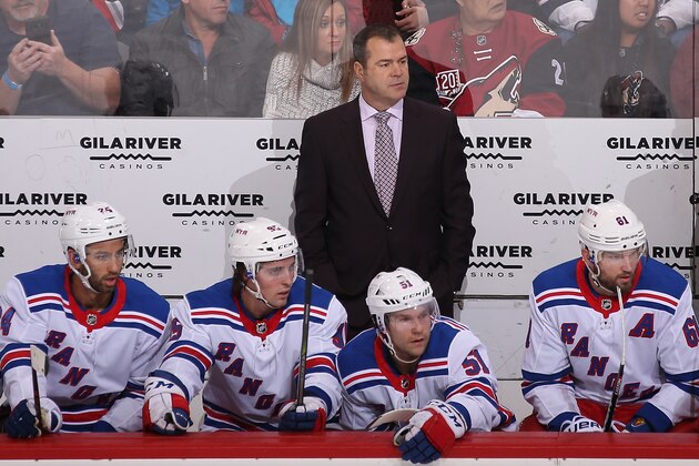 GLENDALE, AZ - JANUARY 06:  Head coach Alain Vigneault of the New York Rangers watches from the bench during the first period of the NHL game against the Arizona Coyotes at Gila River Arena on January 6, 2018 in Glendale, Arizona.  (Photo by Christian Petersen/Getty Images)