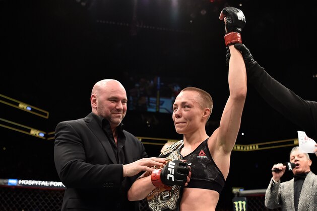 BROOKLYN, NEW YORK - APRIL 07:  Rose Namajunas celebrates after her victory over Joanna Jedrzejczyk in their women's strawweight title bout during the UFC 223 event inside Barclays Center on April 7, 2018 in Brooklyn, New York. (Photo by Jeff Bottari/Zuffa LLC/Zuffa LLC via Getty Images)