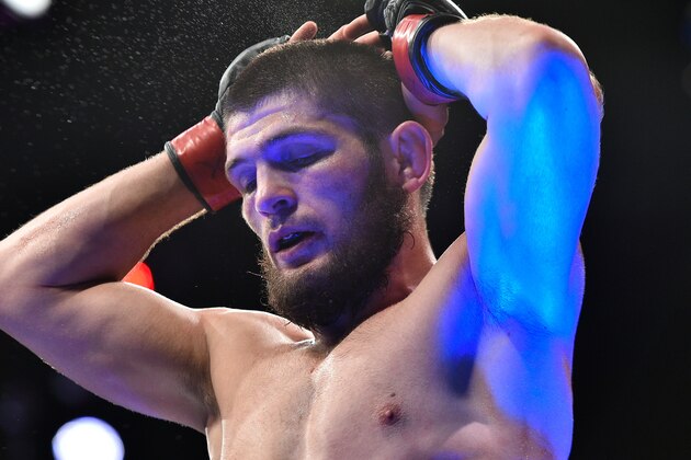 BROOKLYN, NEW YORK - APRIL 07:  Khabib Nurmagomedov of Russia reacts after his dominating performance over Al Iaquinta in their lightweight title bout during the UFC 223 event inside Barclays Center on April 7, 2018 in Brooklyn, New York. (Photo by Brandon Magnus/Zuffa LLC/Zuffa LLC via Getty Images)