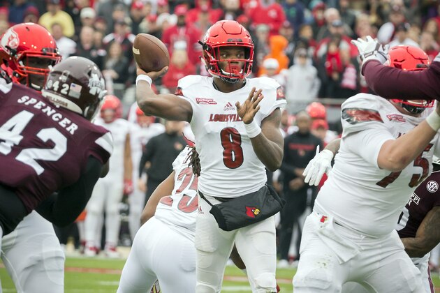 Louisville quarterback Lamar Jackson (8) passes the ball against Mississippi State during the first half of the TaxSlayer Bowl NCAA college football game, Saturday, Dec. 30, 2017, in Jacksonville, Fla. (AP Photo/Stephen B. Morton)