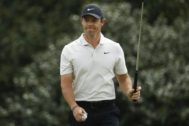 Rory McIlroy, of Northern Ireland, reacts after a birdie on the 14th hole during the second round at the Masters golf tournament Friday, April 6, 2018, in Augusta, Ga. (AP Photo/Charlie Riedel)