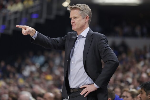 Golden State Warriors coach Steve Kerr calls a play for his team as the Warriors played the Indiana Pacers during the first half of an NBA basketball game in Indianapolis, Thursday, April 5, 2018. (AP Photo/Michael Conroy)