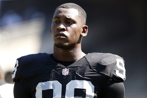 Oakland Raiders defensive end Aldon Smith (99) during an NFL football game against the Baltimore Ravens Sunday, Sept. 20, 2015, in Oakland , Calif. (AP Photo/Tony Avelar) Oakland Raiders defensive end Aldon Smith (99) during an NFL football game against the Baltimore Ravens Sunday, Sept. 20, 2015, in Oakland , Calif. (AP Photo/Tony Avelar)